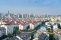 Cityscape of residential house rooftop and skyscraper