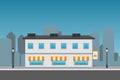 Cityscape with restaurant building. Flat illustration.