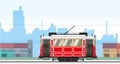 Cityscape with a retro tram passing by. Vector illustration. Royalty Free Stock Photo