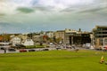 Cityscape of Reykjavik, capital city of Iceland. Street view with modern buildings and crane