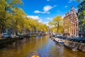 Cityscape of the river, colorful buildings and trees in Panorama Amsterdam Netherlands