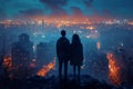 Cityscape romance Silhouetted couple on cliff admiring city skyline together