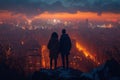 Cityscape romance Silhouetted couple on cliff admiring city skyline together