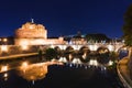 Cityscape romantic night view of Roma. Panorama with Saint Angelo castle and bridge. Famous tourist destination with Tiber. Travel