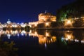 Cityscape romantic night view of Roma. Panorama with Saint Peter's basilica and Saint Angelo castle and bridge. Famous tourist Royalty Free Stock Photo