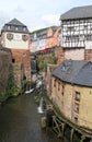 Cityscape of Saarburg with its historical old town part and Leuk River flowing into the city towards the ancient mills.