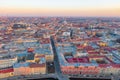 Cityscape of Saint-Petersburg. Aerial view to the southern part of the city from the center, Trinity Cathedral. Evening sunset Royalty Free Stock Photo