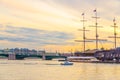 Cityscape of Saint Petersburg Leningrad with bascule Exchange Bridge, sailboat wooden ship with mast