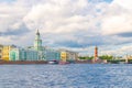 Cityscape of Saint Petersburg Leningrad city with Palace Bridge bascule bridge across Neva river, Kunstkamera building Royalty Free Stock Photo