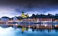 Cityscape of Schaffhausen with the Rhine River and Munot at sunset