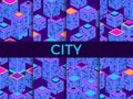 Cityscape seamless pattern set. Isometric skyscrapers, metropolis. Violet and blue. Vector