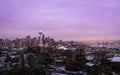 Cityscape of Seattle downtown in evening. View from Kerry Park in Queen Anne Hill. Landmark of the city, Space Needle. Royalty Free Stock Photo