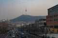 Cityscape of Seoul Namsan Tower from Noksapyeong Bridge near Itaewon street during winter morning at Yongsan-gu , Seoul South