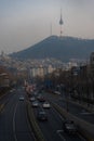 Cityscape of Seoul Namsan Tower from Noksapyeong Bridge near Itaewon street during winter morning at Yongsan-gu , Seoul South