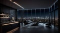 Cityscape Serenity: Luxury Apartment with Dark Interiors and Cinematic Vibes