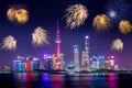 Cityscape of Shanghai at twilight sunset with fireworks. Panoramic view of Pudong business district skyline from the Bund during Royalty Free Stock Photo