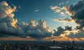 A cityscape is shown with the sun setting in the background, and the sky is filled with clouds. Royalty Free Stock Photo