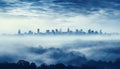 Cityscape silhouette against blue dusk sky, skyscrapers piercing foggy atmosphere generated by AI Royalty Free Stock Photo