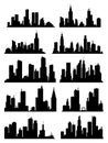 Cityscape silhouette collection. City buildings, night town and horizontal urban panorama silhouettes set. Skyline with