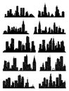 Cityscape silhouette collection. City buildings, night town and horizontal urban panorama silhouettes set. Skyline with