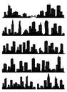 Cityscape silhouette collection. City buildings, night town and horizontal urban panorama silhouettes set. Skyline with