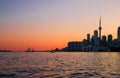 Cityscape - silhouettes of skyscrapers, calm lake old sail ship and yacht.