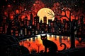 Cityscape Silhouettes: Vivid-Eyed Abstract Black Cats in Urban Setting Royalty Free Stock Photo