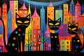 Cityscape Silhouettes: Vivid-Eyed Abstract Black Cats in Urban Setting Royalty Free Stock Photo