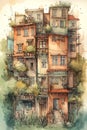 Cityscape sketch. Watercolor vertical cartoon illustration. Generative AI