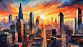 Cityscape skyline of the city sunset view from the rooftop. Modern buildings. Beautiful sky. Abstract art