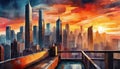 Cityscape skyline of the city sunset view from the rooftop. Modern buildings. Beautiful sky. Abstract art