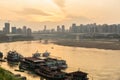 Cityscape and skyline of downtown near Chongqing Dongshuimen Bridge and Yangtze river. Chongqing, China