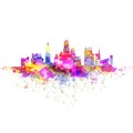 Cityscape skyline with skyscrapers made of colorful bright grunge splashes