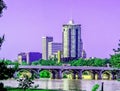 Cityscape - Skyline of Tulsa Oklahoma USA with old space age looking building in front and strange light that makes the sky purple