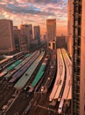 Tokyo skyline with high speed, Shinkansen, trains in foreground. Royalty Free Stock Photo