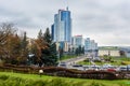 Cityscape with skyscraper buildings on embankment of Svisloch River in center of Minsk. Belarus Royalty Free Stock Photo