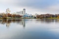 Cityscape with skyscraper buildings on embankment of Svisloch River in center of Minsk. Belarus Royalty Free Stock Photo