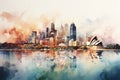 Cityscape with skyscrapers and reflection in water. Digital painting, Downtown Sydney skyline, AI Generated Royalty Free Stock Photo