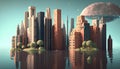 cityscape and skyscrapers in the shape of a planet earth