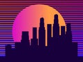 Cityscape with skyscrapers in the style of the 80s. Retro futurism. City sunset. Light in the windows. Vector Royalty Free Stock Photo