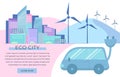 Cityscape with skyscrapers, windmills, solar panels, car,vector illustration.