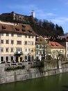 Cityscape of the slovenian capital Ljubljana with castle and river Ljubljanica