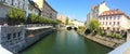 Cityscape of the Slovenian capital Ljubljana. Dragon bridge over Ljubljanica river