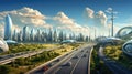 A cityscape with solar panels on the roofs of buildings, wind turbines in the distance, and electric cars driving on the Royalty Free Stock Photo