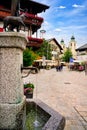 Cityscape of St. Johann in Tyrol with fountain in foreground, Austria