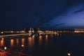 Cityscape of St Petersburg`s Famous Palace Bridge Across the Neva River at Night