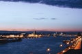 Cityscape of St Petersburg`s Famous Palace Bridge Across the Neva River at Night