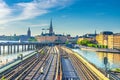 Cityscape of Stockholm historical city centre with Riddarholmen island Church spires, City Hall Stadshuset tower Royalty Free Stock Photo
