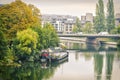 Cityscape of Strasbourg at sunset and Ill river in october, France Royalty Free Stock Photo