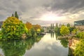 Cityscape of Strasbourg at sunset and Ill river in october, France Royalty Free Stock Photo